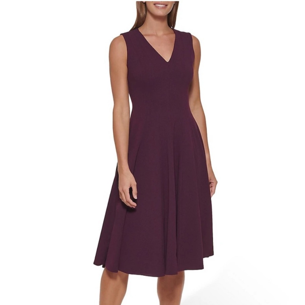 CALVIN KLEIN Scuba Crepe Sleeveless V Neck Midi Dress Office